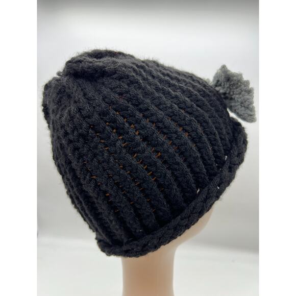 womens woven knit black and gray bow hat cap beanie feminine winter XS/S - Picture 4 of 9
